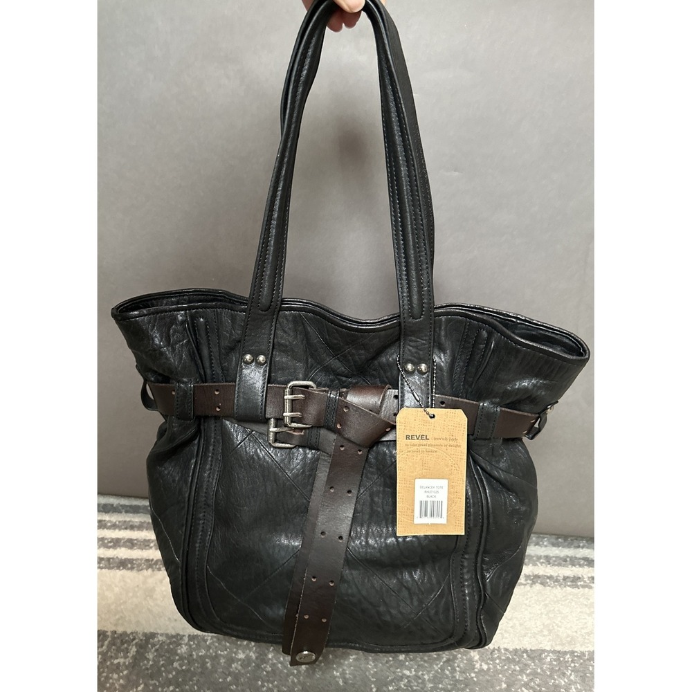 Revel RNY Delancey Black Brown Belted Strap Leather Tote Handbag